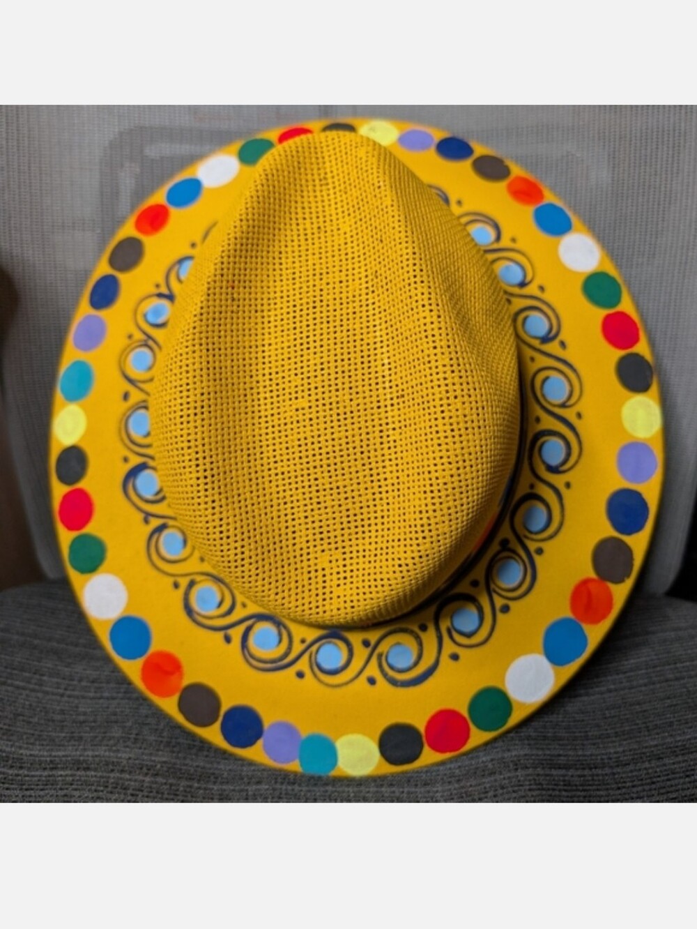 Hand Painted Yellow Fedora Hat Colorful Polka Dot Brim Boho Festival Statement - Picture 2 of 3